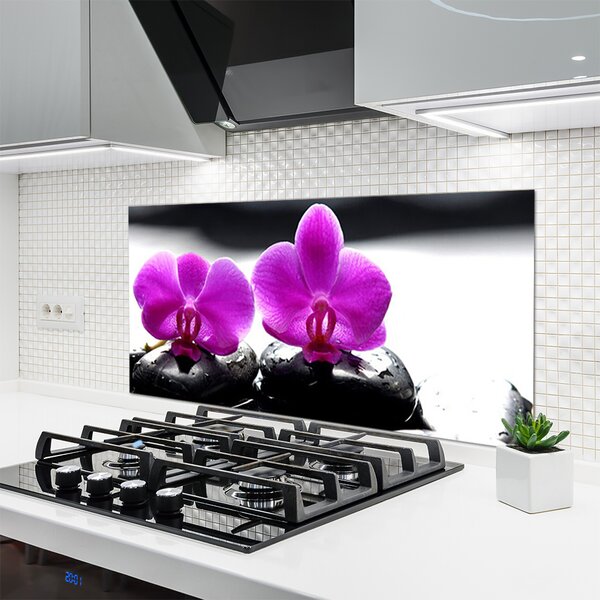 Panou sticla bucatarie Pietrele florale flori roz negru