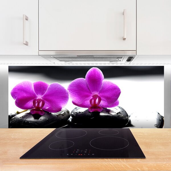 Panou sticla bucatarie Pietrele florale flori roz negru