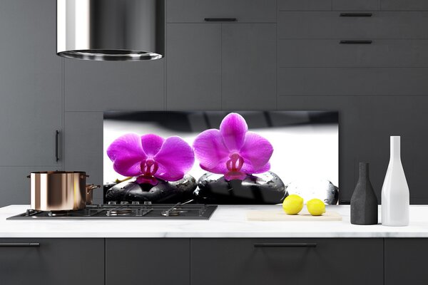 Panou sticla bucatarie Pietrele florale flori roz negru