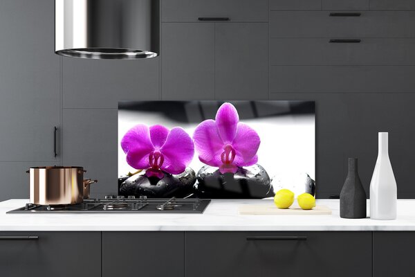 Panou sticla bucatarie Pietrele florale flori roz negru
