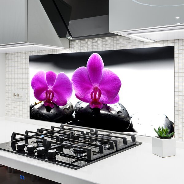 Panou sticla bucatarie Pietrele florale flori roz negru