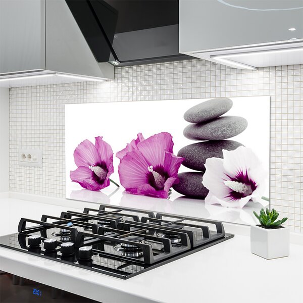 Panou sticla bucatarie Floare pietre Floral Roz Alb Gri