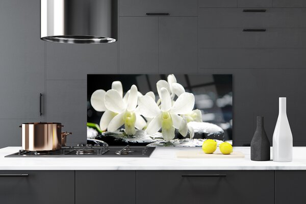 Panou sticla bucatarie Pietre florale flori alb negru