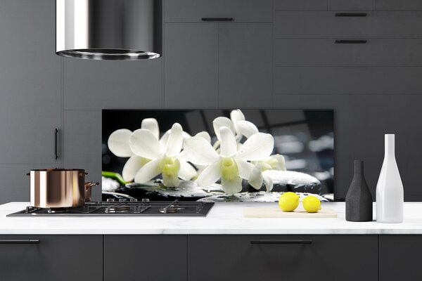 Panou sticla bucatarie Pietre florale flori alb negru