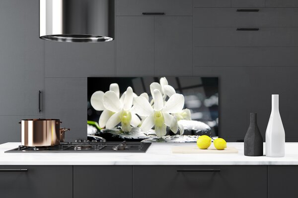 Panou sticla bucatarie Pietre florale flori alb negru