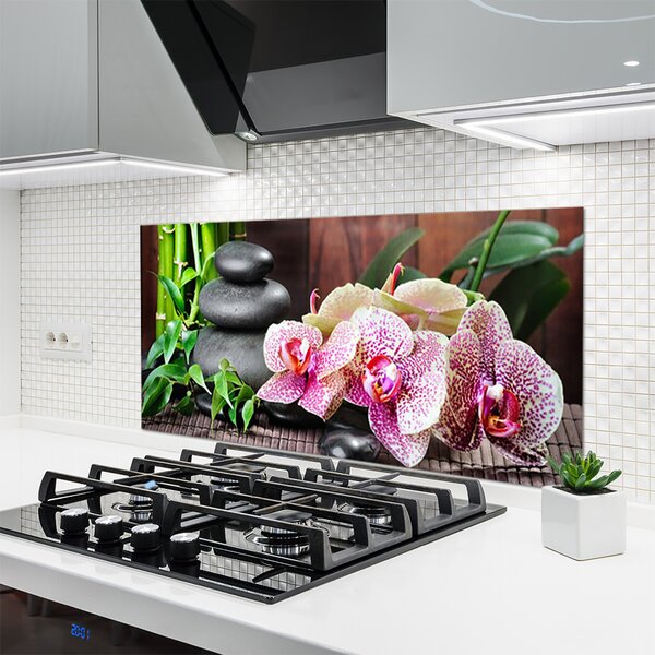 Panou sticla bucatarie Bamboo pietre Flori Floral Verde Gri Roz
