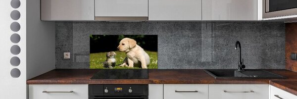 Sticlă pentru bucătărie Câine și pisică pe pajiște