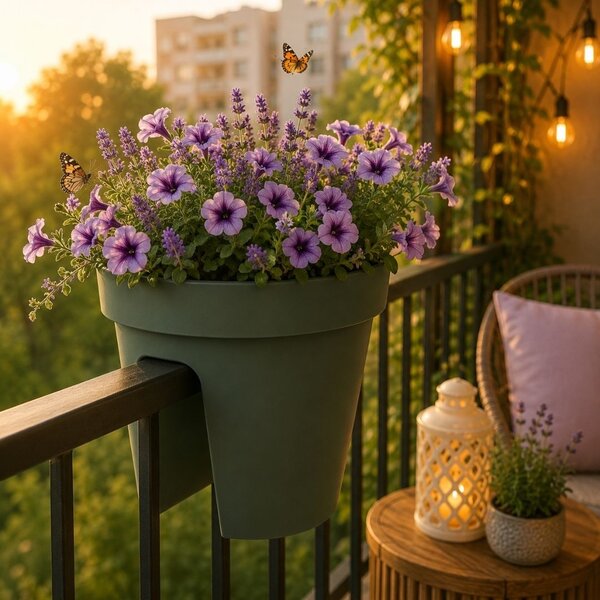 Ghiveci suspendat pentru balustradă, Flower Bridge, 28 cm, verde închis, pentru balcon, terasă și grădină