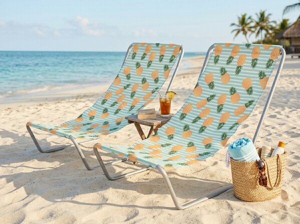 Set de 2 sezlonguri de plaja pliabile SAND PINEAPPLE, colorate