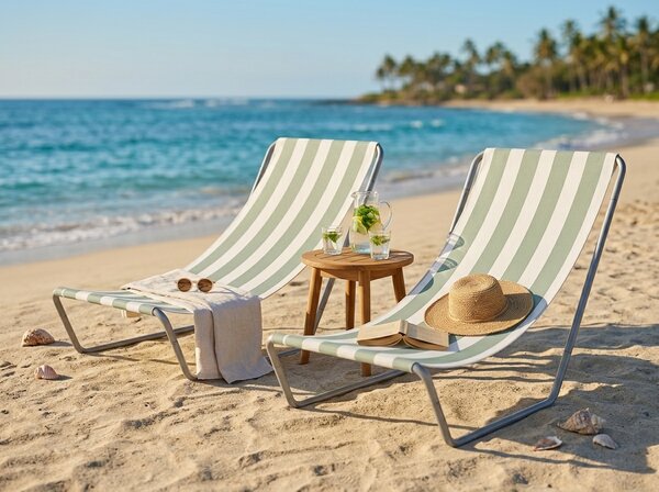 Set de 2 sezlonguri pliante pentru plaja SAND, dungi verde deschis