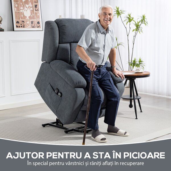 HOMCOM Fotoliu Electric cu Ridicare și Reclinare 135° în Material Textil Efect In cu Suport Picioare, Gri Închis | Aosom Romania