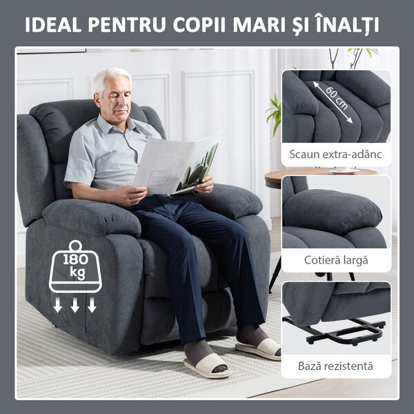 HOMCOM Fotoliu Electric cu Ridicare și Reclinare 135° în Material Textil Efect In cu Suport Picioare, Gri Închis | Aosom Romania