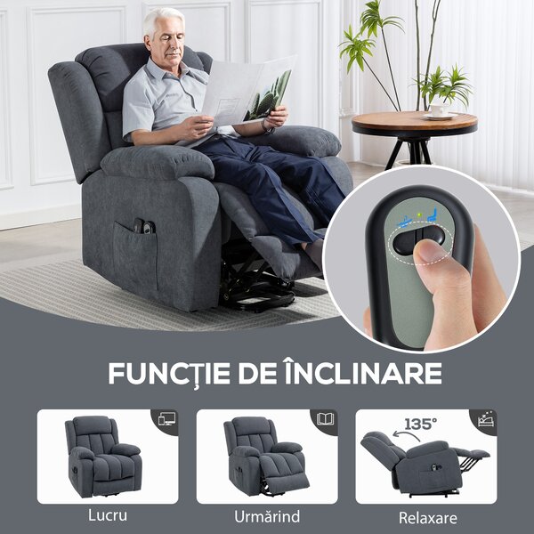 HOMCOM Fotoliu Electric cu Ridicare și Reclinare 135° în Material Textil Efect In cu Suport Picioare, Gri Închis | Aosom Romania