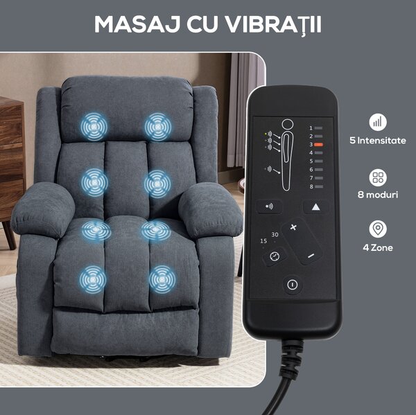HOMCOM Fotoliu Electric cu Ridicare și Reclinare 135° în Material Textil Efect In cu Suport Picioare, Gri Închis | Aosom Romania