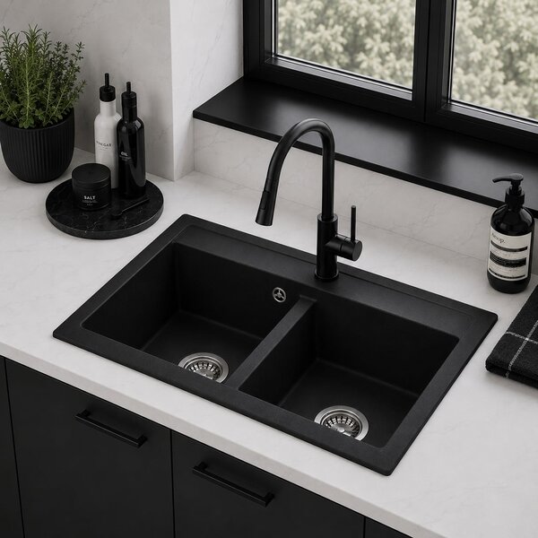 Ruvetti Doblo chiuvetă din granit 75.6x44.7 cm negru 3001DO_BC_W