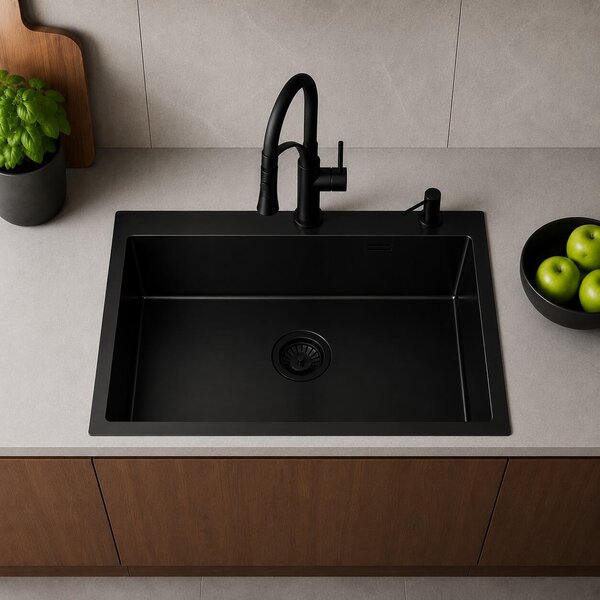 Ruvetti Masivo chiuveta cu dozator 76x50 cm negru 5002M_PVD_BL80_W