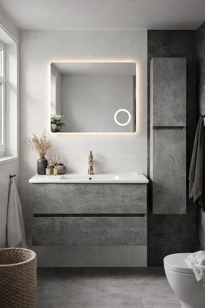 Set Mobilier Baie Stone 80 cm oglinda cu LED, dezaburire si lupa, lavoar ceramic, soldat inclus, MDF total
