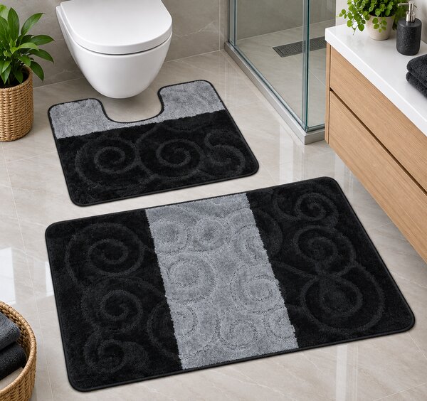 Set 2 Covorase antiderapante de baie, Model Sile 2513, Negru Negru, 50 x 80 / 40 x 50