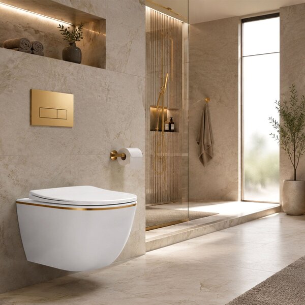Rea Carlo Mini Tornado NF, vas WC suspendat 490x365x350mm + capac WC, margine alb-aurie, REA-C6806