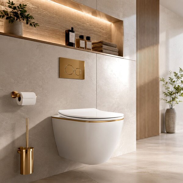 Rea Carlo Mini Tornado NF, vas WC suspendat 490x365x350mm + capac WC, margine alb-aurie, REA-C6806