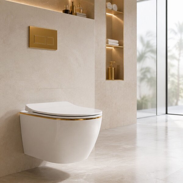 Rea Carlo Mini Tornado NF, vas WC suspendat 490x365x350mm + capac WC, margine alb-aurie, REA-C6806