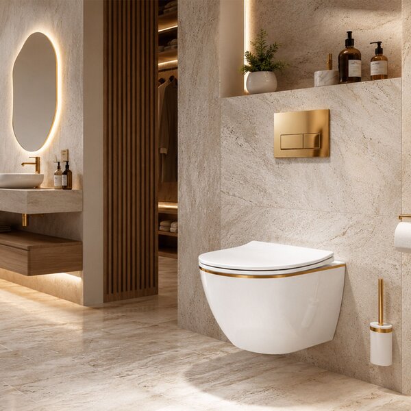Rea Carlo Mini Tornado NF, vas WC suspendat 490x365x350mm + capac WC, margine alb-aurie, REA-C6806