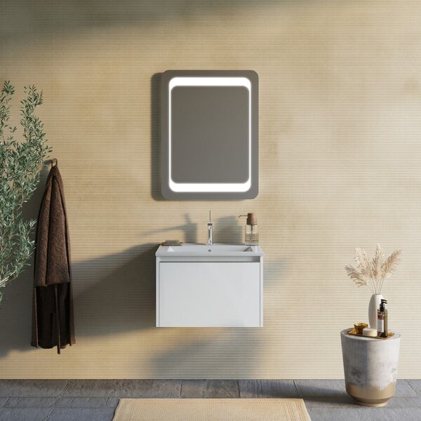 Mobilier Baie Suspendat, 60 Cm, Alb Mat Cu Oglindă Led 60x80 | Monaco