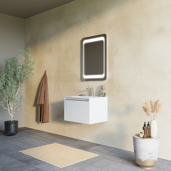 Mobilier Baie Suspendat, 60 Cm, Alb Mat Cu Oglindă Led 60x80 | Monaco
