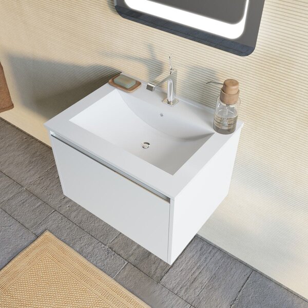 Mobilier Baie Suspendat, 60 Cm, Alb Mat Cu Oglindă Led 60x80 | Monaco