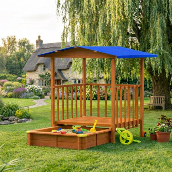 Groapa cu nisip cu verandă SUNNY, 130x130x143cm, maro/albastră Jurhan