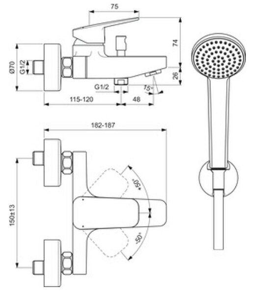 Ideal Standard Ceraplan baterie cadă-duș perete cu termostat crom BD258AA