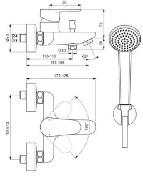 Ideal Standard Cerafine baterie cadă-duș perete crom BC706AA