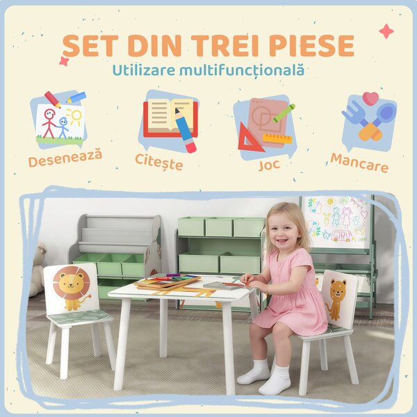 AIYAPLAY Set de Masă și Scaune pentru Copii, 3 Piese, Masă cu 2 Scaune pentru Dormitor, Grădiniță, Sală de Jocuri, Verde | Aosom Romania