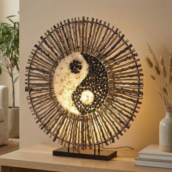 Woru Ying Yang Batur lampă de masă rotundă, 40 cm, maro, Lemn, Camera de zi / sufragerie, Piatră, Design