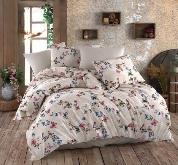 Lenjerie de pat pentru o persoana cu husa elastic pat si fata perna dreptunghiulara, Flies garden, bumbac ranforce, gramaj tesatura 120 g mp, multicolor