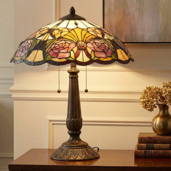 Clayre&Eef Lampă de masă florală Rose, stil Tiffany, Multicolor, Camera de zi / sufragerie, Sticlă, Tiffany