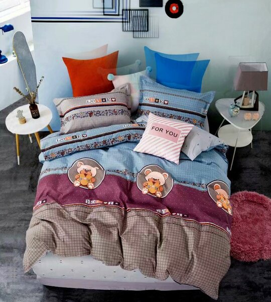 Lenjerie de pat pentru o persoana cu husa elastic pat si fata perna dreptunghiulara, Oia, bumbac mercerizat, multicolor