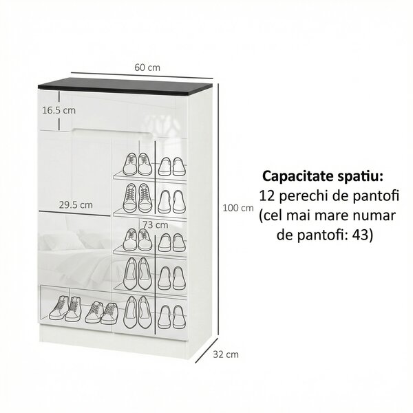 HOMCOM Dulap pentru Pantofi pentru 12 Perechi pentru Hol cu 3 Rafturi Reglabile și Sertar, Design Anti-Răsturnare, 60x32x100 cm, Alb | Aosom Romania