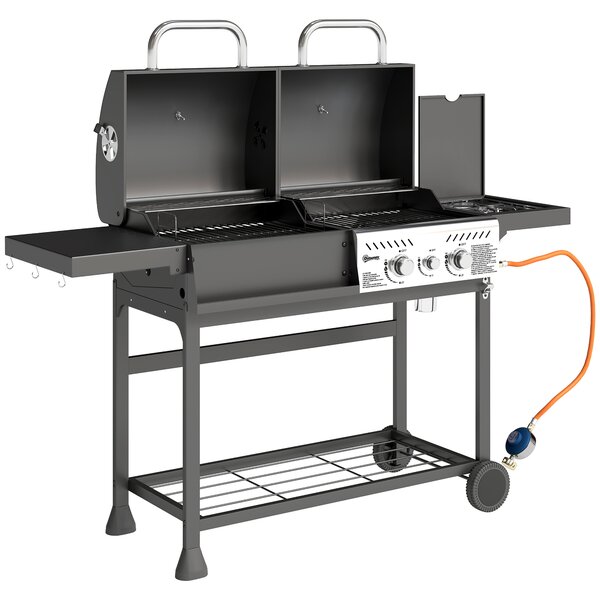 Outsunny Grill Gaz-Cărbune, 3 Arzătoare 7kW, Negru | Aosom Romania