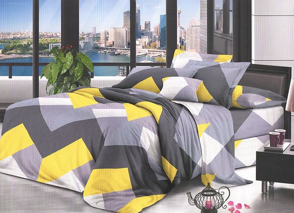 Lenjerie de pat pentru o persoana cu husa elastic pat si fata perna dreptunghiulara, Nira, bumbac mercerizat, multicolor