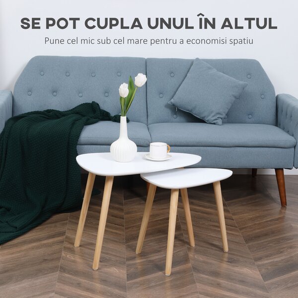 Set de 2 masute laterale HOMCOM moderne, mese cuib triunghiulare din MDF si Lemn de Pin 59.5x39.5x45cm Alb, Natural | Aosom Romania