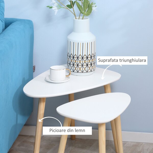 Set de 2 masute laterale HOMCOM moderne, mese cuib triunghiulare din MDF si Lemn de Pin 59.5x39.5x45cm Alb, Natural | Aosom Romania
