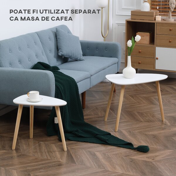 Set de 2 masute laterale HOMCOM moderne, mese cuib triunghiulare din MDF si Lemn de Pin 59.5x39.5x45cm Alb, Natural | Aosom Romania