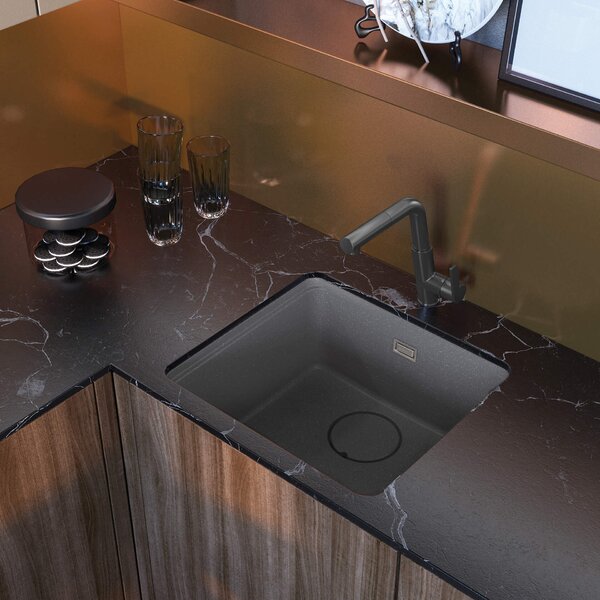Deante Momi, chiuveta granit 1 camera 500x450x230 mm cu sifon economic, gri metalic, DEA-ZKM_S10A