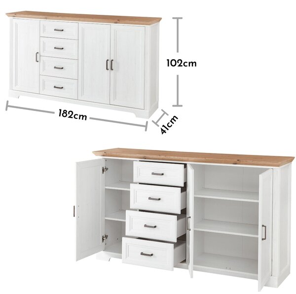 Comoda JASMIN, alb/stejar artisan, PAL, cu 3 usi si 4 sertare, 182x41x