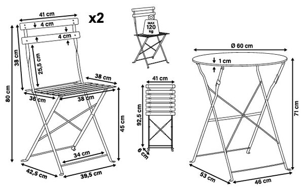 Set Bistro Flair - mobilier terasa gradina, 2 scaune + masa, otel vopsit - NEGRU