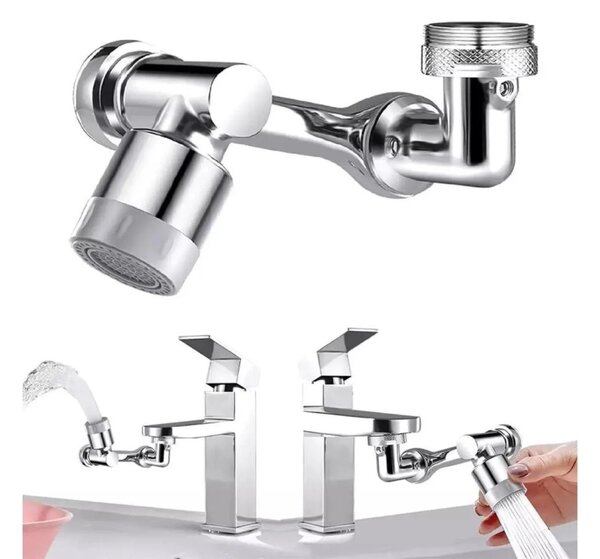 Extensie Robinet Rotativa, Adaptor Apa Baterie, Universal, Rotatie de 1080 °, Functie de Economisire a Apei, Doua Moduri Dus / Bule, Argintiu