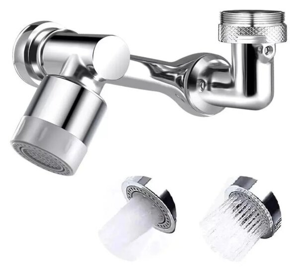 Extensie Robinet Rotativa, Adaptor Apa Baterie, Universal, Rotatie de 1080 °, Functie de Economisire a Apei, Doua Moduri Dus / Bule, Argintiu