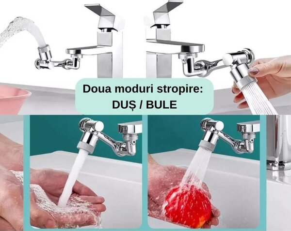 Extensie Robinet Rotativa, Adaptor Apa Baterie, Universal, Rotatie de 1080 °, Functie de Economisire a Apei, Doua Moduri Dus / Bule, Argintiu