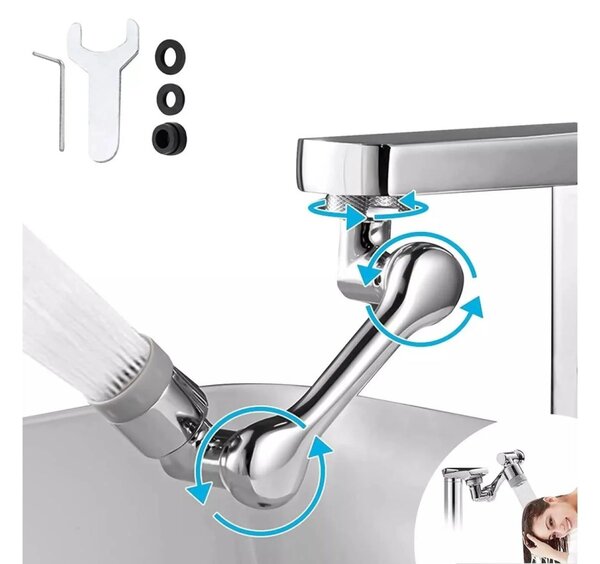 Extensie Robinet Rotativa, Adaptor Apa Baterie, Universal, Rotatie de 1080 °, Functie de Economisire a Apei, Doua Moduri Dus / Bule, Argintiu
